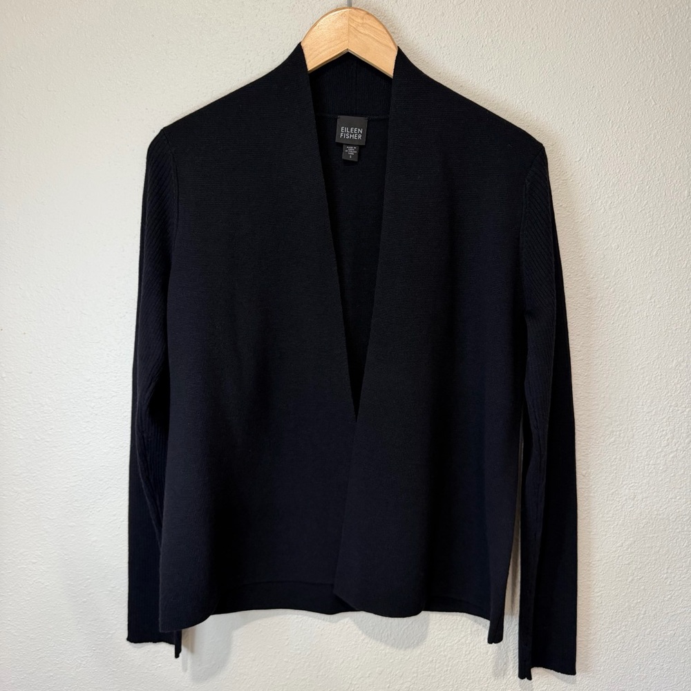 Eileen Fisher Black Open-Front 100% Wool Sweater Cardigan